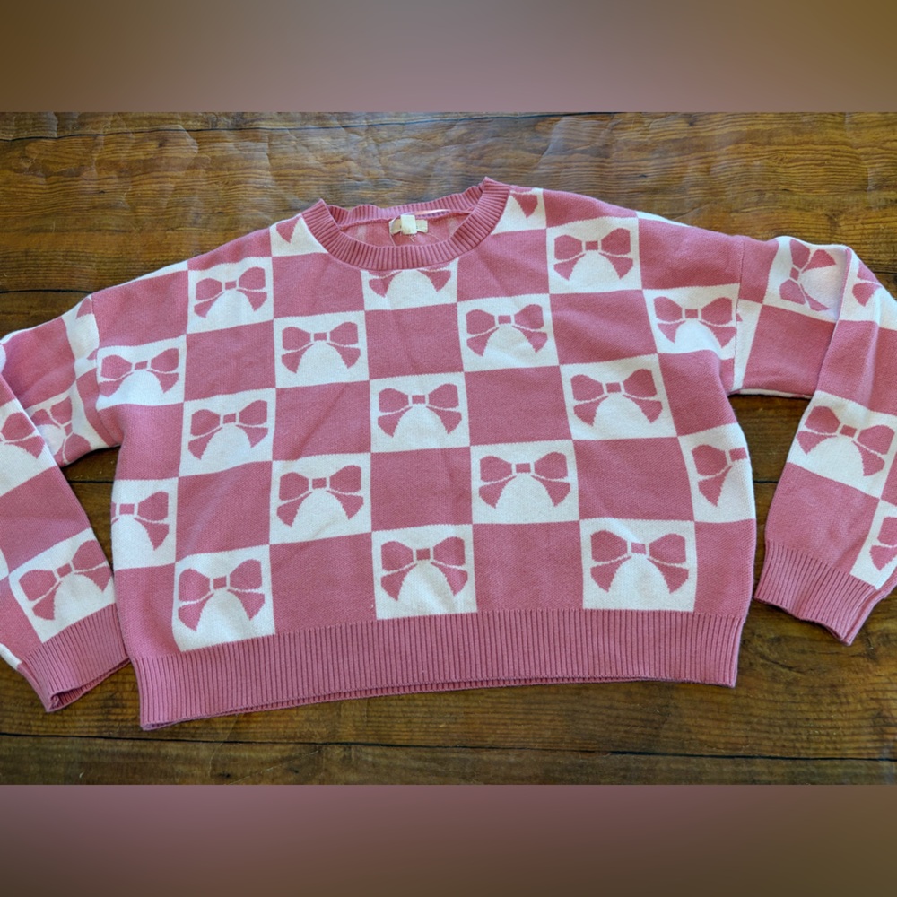Debut Pink and White Coquette Checkered Bow Sweater Softgirl Soft Balletcore